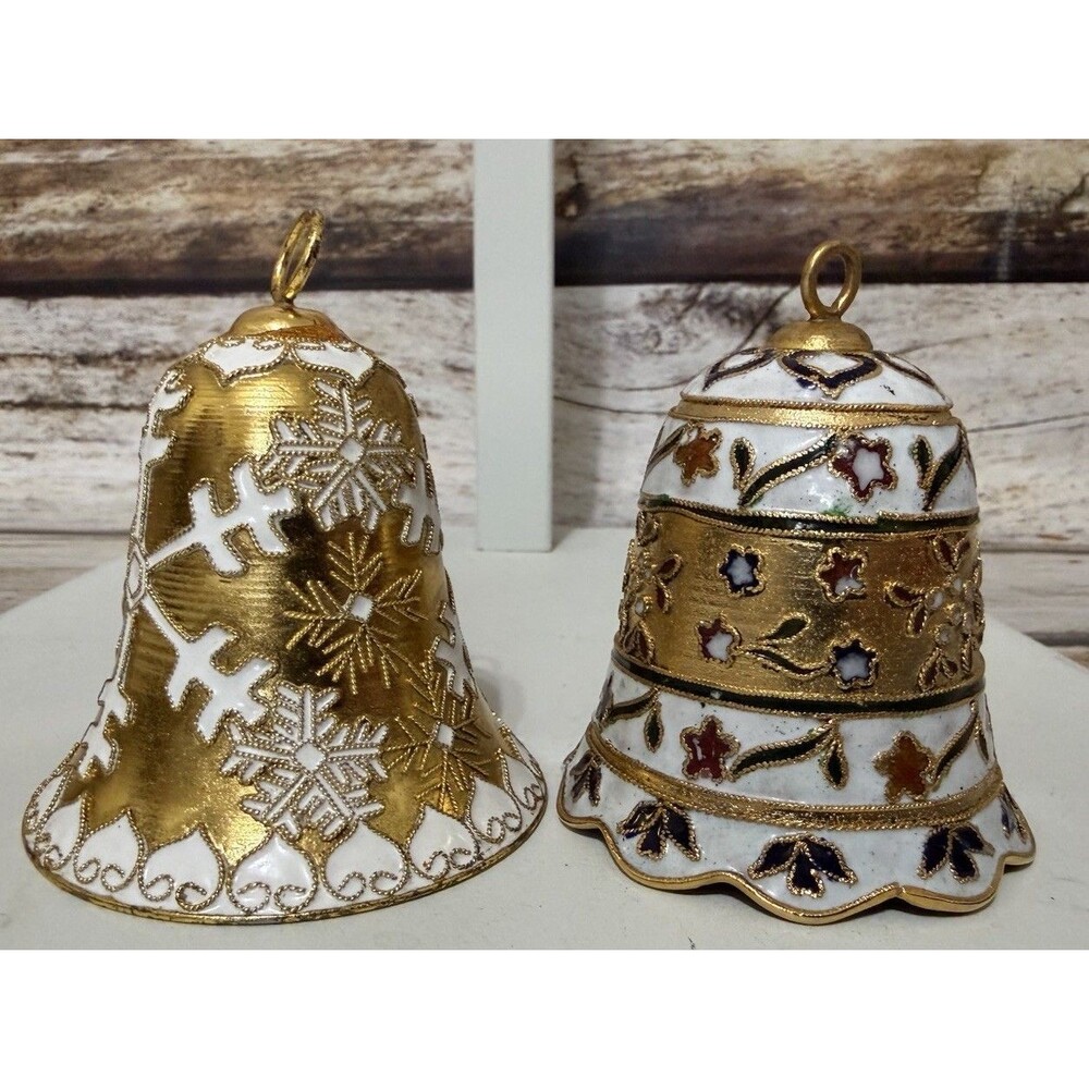 Cloisonné Ornaments Bells Gold White Enamel Design Lot Of 2